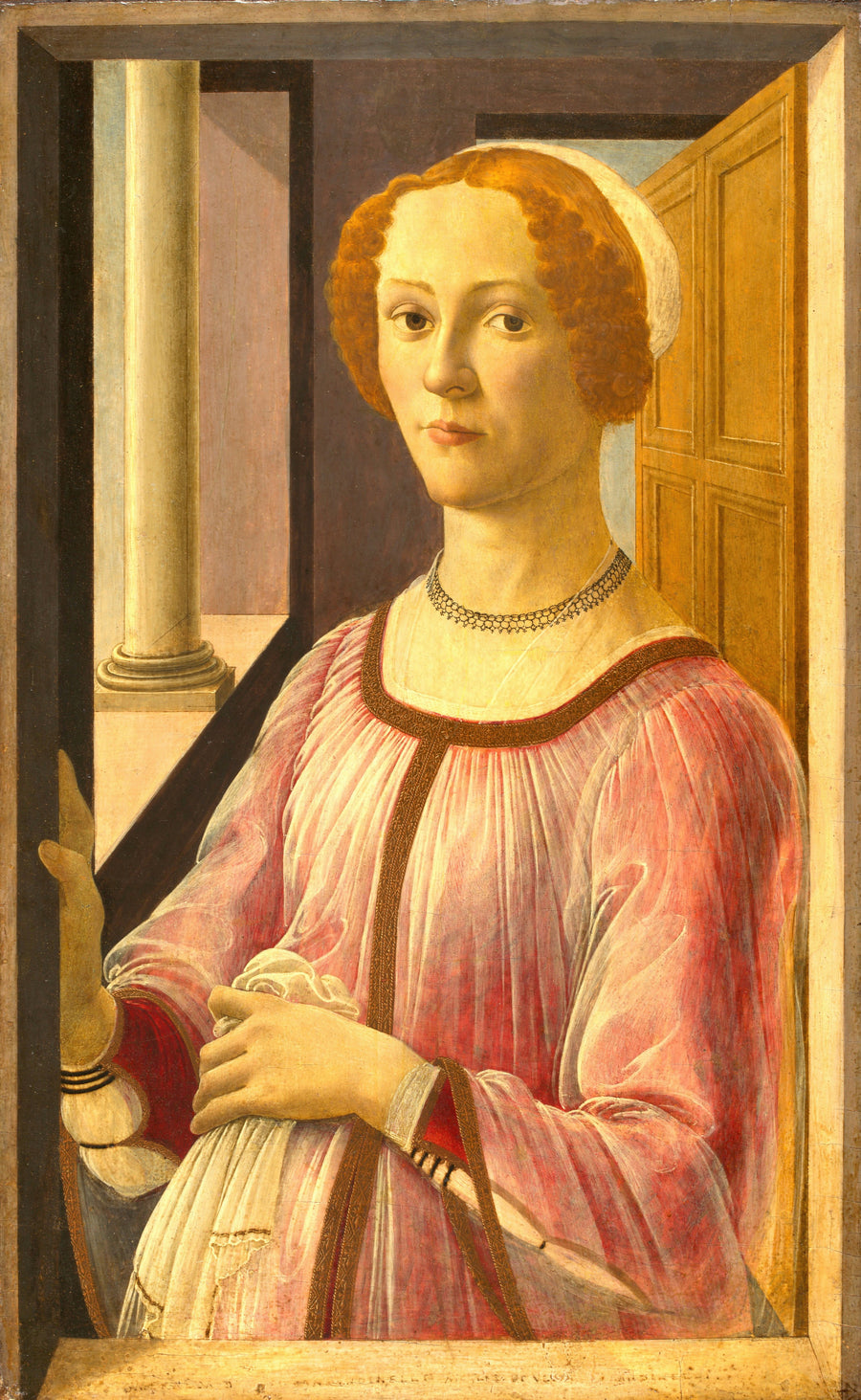 Sandro Botticelli — Portrait of Smeralda Bandinelli | Fine Art Print shown to scale on a wall above a sofa