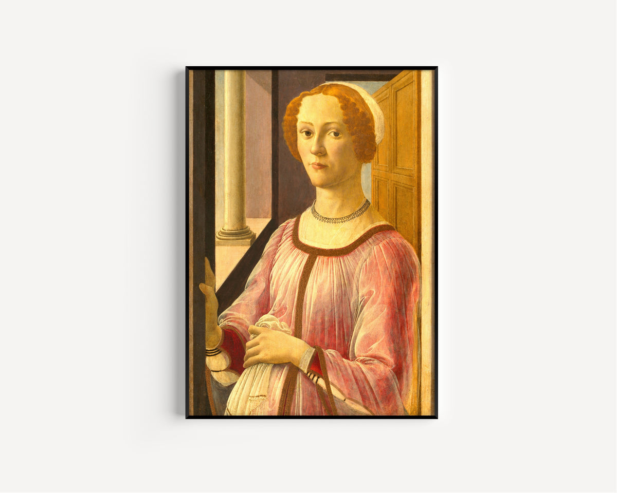 Framed art print of Portrait of Smeralda Bandinelli by Sandro Botticelli, in a slim black frame on a plain white wall