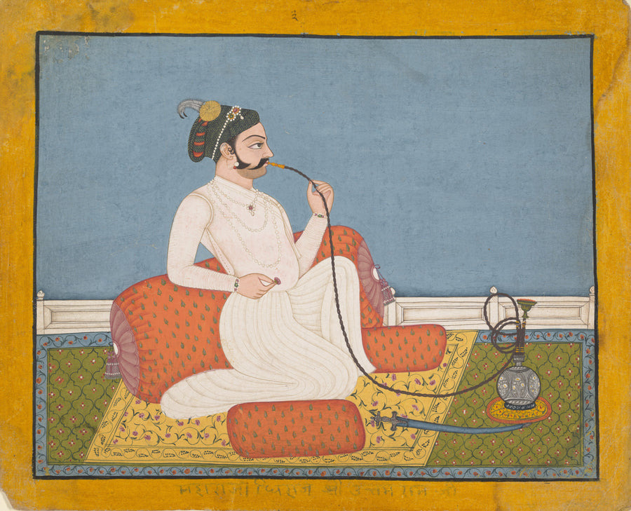 Jhilai school — Portrait of Thakur Utham Ram | Indian Miniature Painting Print shown to scale on a wall above a sofa