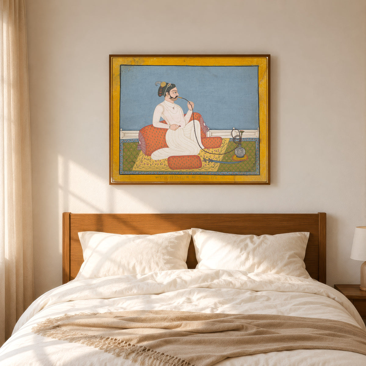 Framed art print of Portrait of Thakur Utham Ram by Jhilai school, in a slim wood frame above a bed in a sunlit bedroom