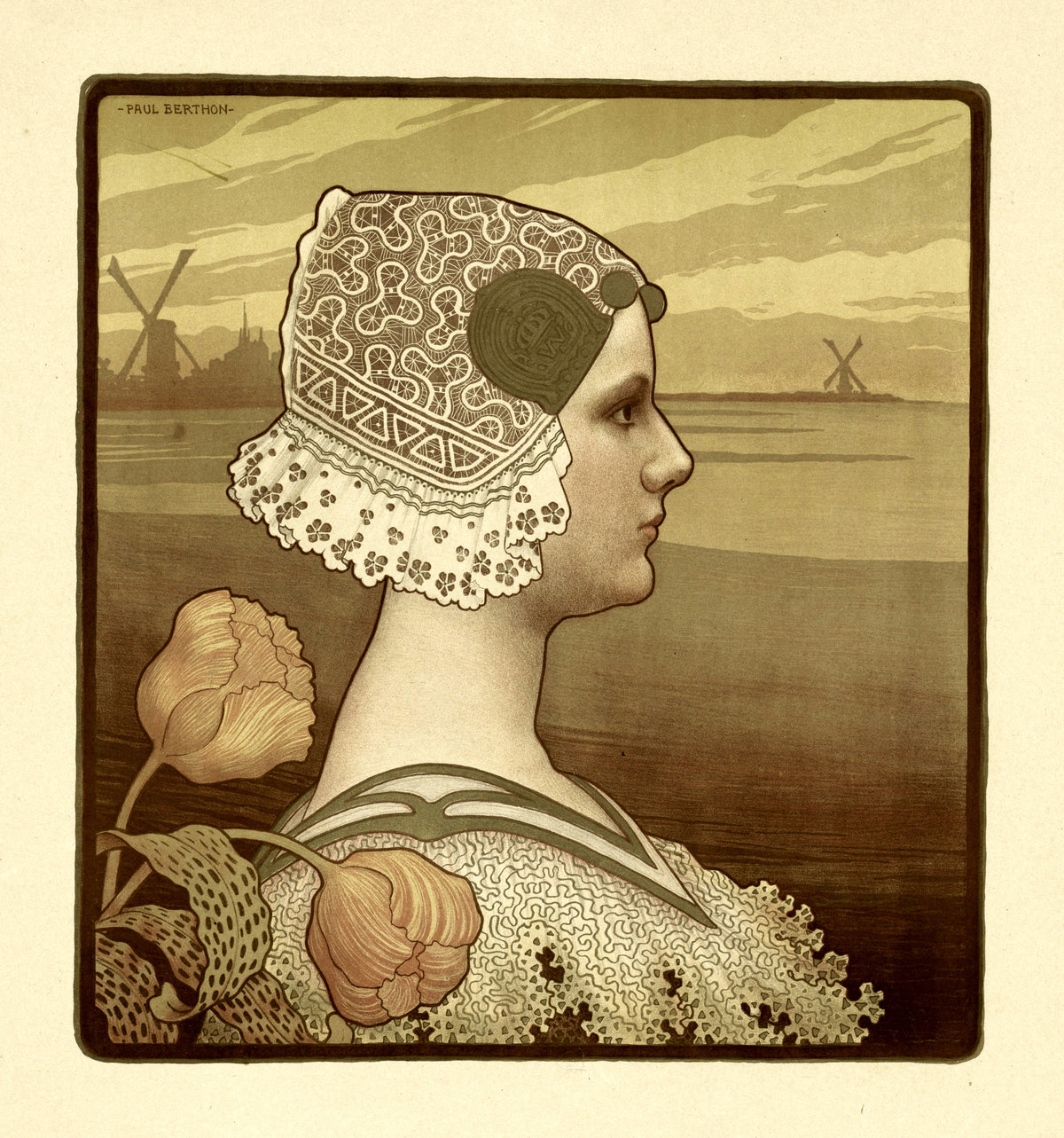 Portrait of Wilhelmina, Queen of the Netherlands by Paul Berthon — A young queen in a lace cap in profile before windmills