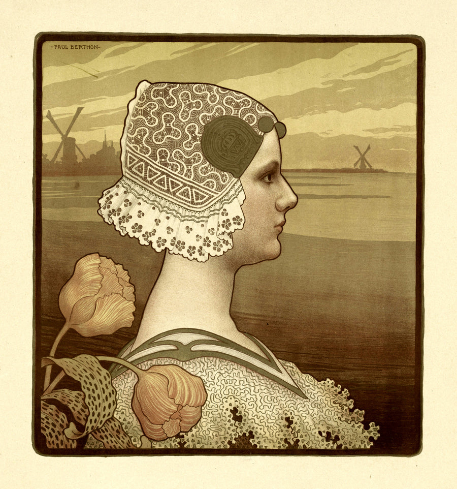 Paul Berthon — Portrait of Wilhelmina, Queen of the Netherlands | Art Nouveau Print shown to scale on a wall above a sofa