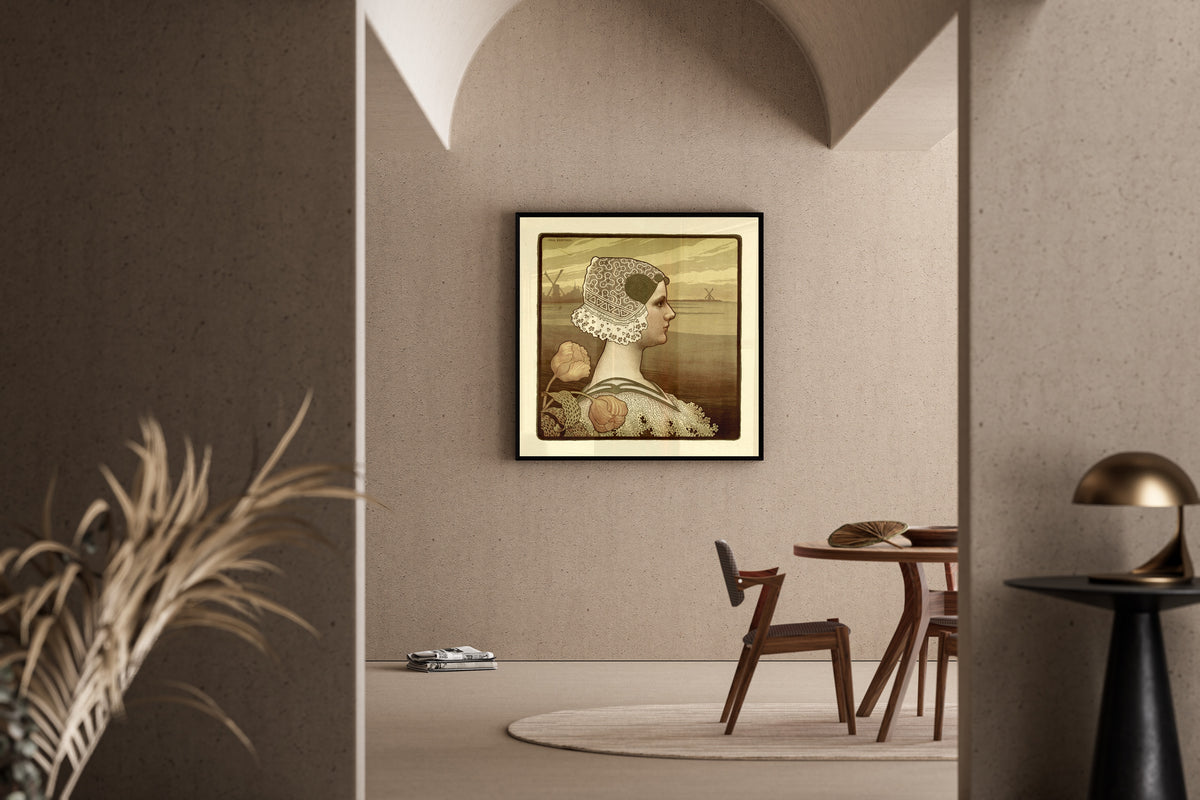 Framed art print of Portrait of Wilhelmina, Queen of the Netherlands by Paul Berthon, in a sunlit dining corner
