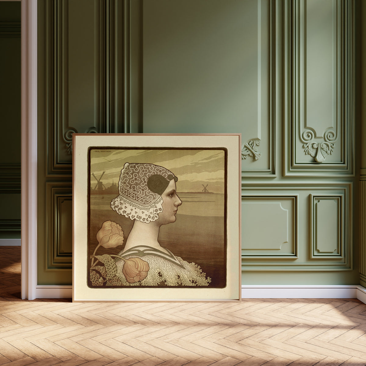 Framed art print of Portrait of Wilhelmina, Queen of the Netherlands by Paul Berthon, leaning against olive-green panelling on a herringbone floor