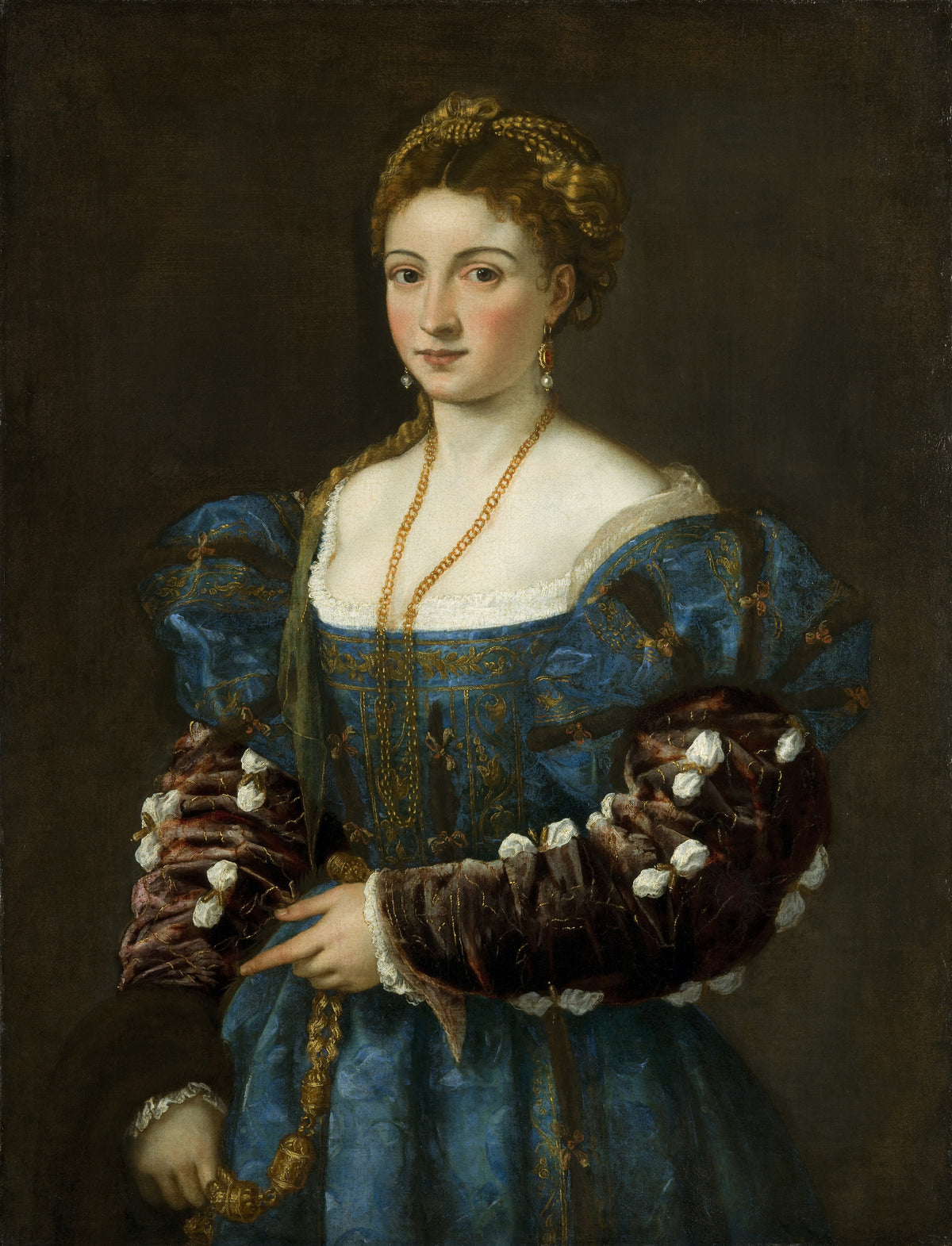 Portrait of a Lady (La Bella) by Titian — A young woman in a blue damask gown and gold chains
