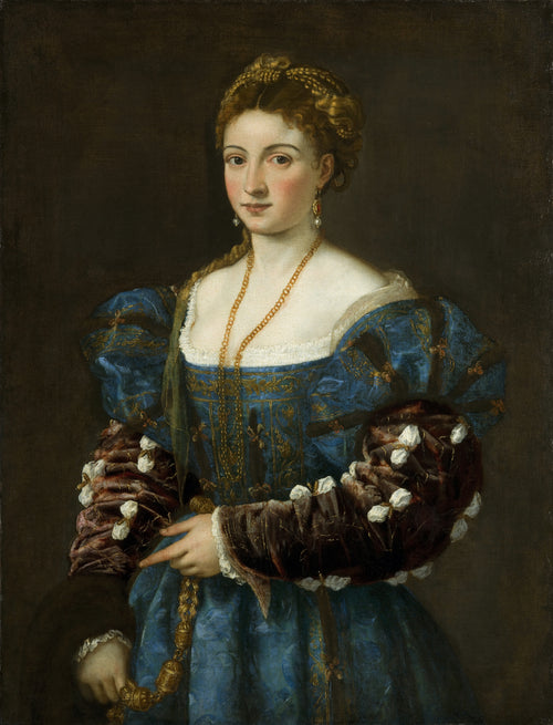 Portrait of a Lady (La Bella) by Titian — A young woman in a blue damask gown and gold chains