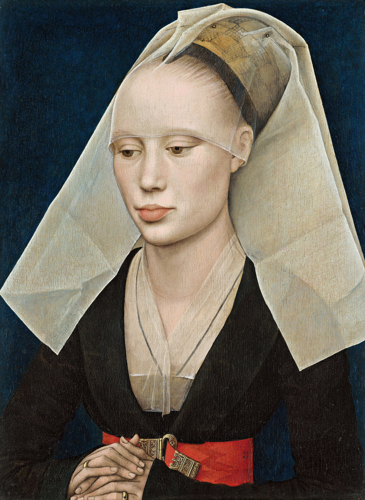 Portrait of a Lady by Rogier van der Weyden — A woman in a sheer white veil, her hands folded at a red belt