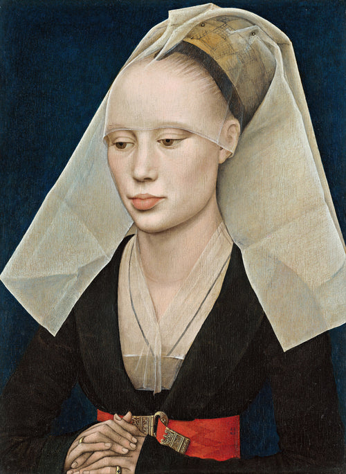 Portrait of a Lady by Rogier van der Weyden — A woman in a sheer white veil, her hands folded at a red belt