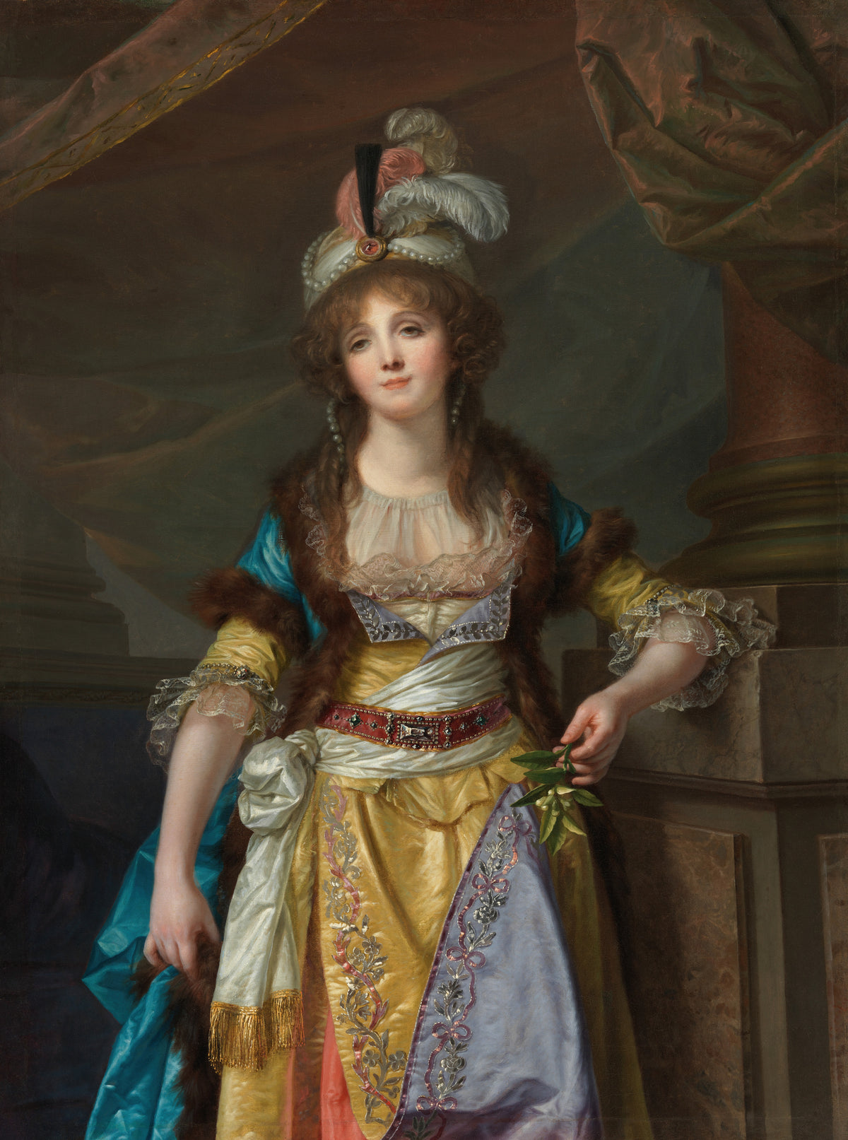 Portrait of a Lady in Turkish Fancy Dress by Jean-Baptiste Greuze — A woman in a feathered turban and gold satin gown leans on a plinth