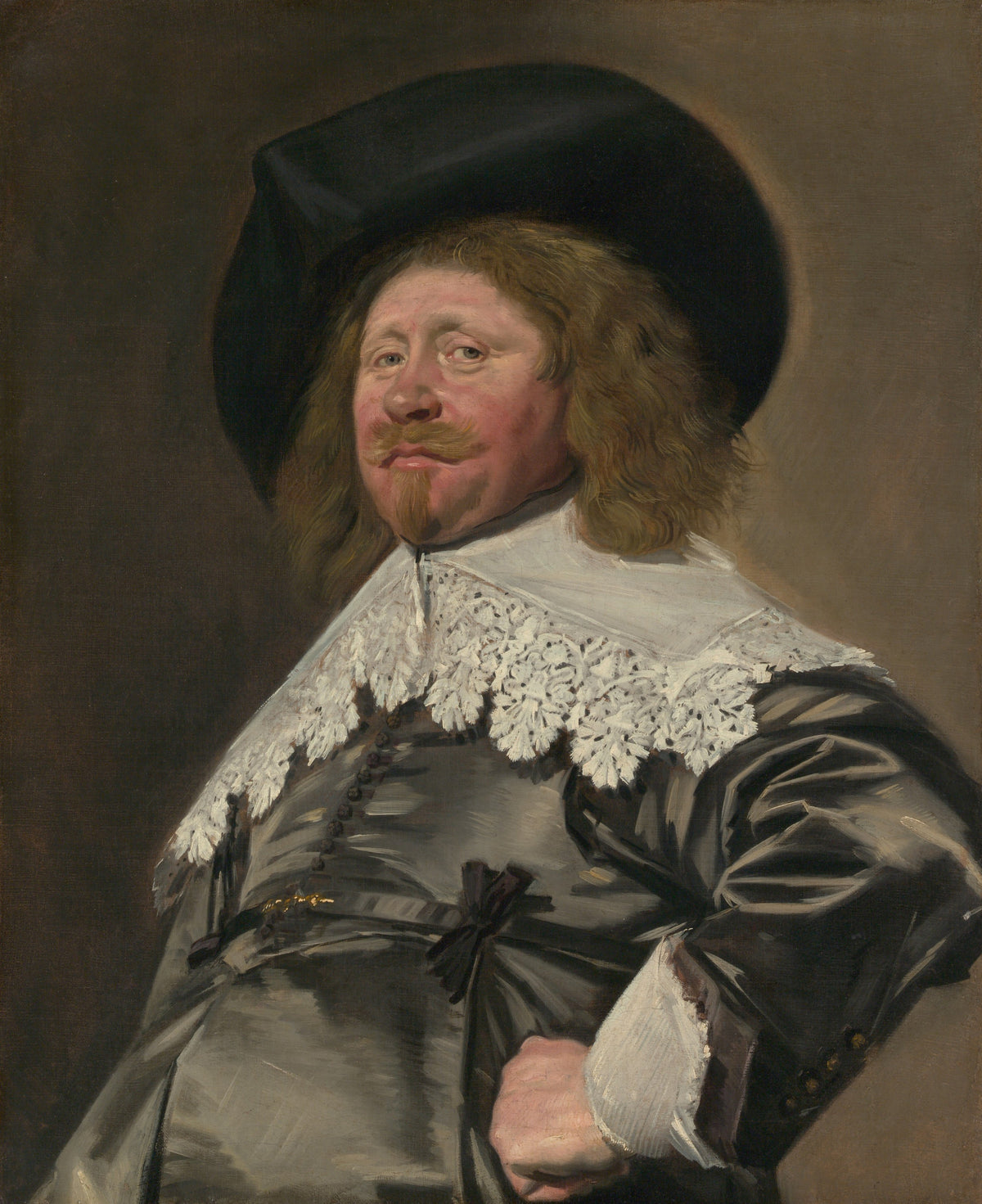 Portrait of a Man, Possibly Nicolaes Pietersz Duyst van Voorhout by Frans Hals — A broad-faced man in lace and grey satin tilts his head