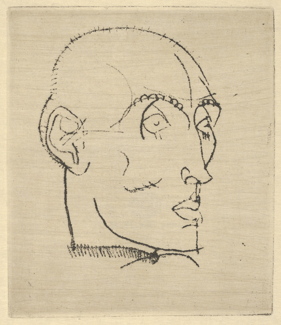 Egon Schiele — Portrait of a Man | Drypoint Print shown to scale on a wall above a sofa