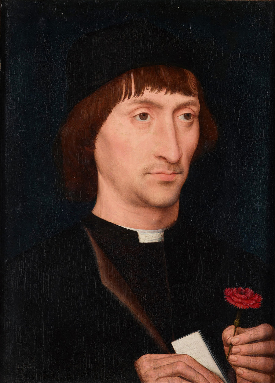 Hans Memling — Portrait of a Man with a Pink | Fine Art Print shown to scale on a wall above a sofa