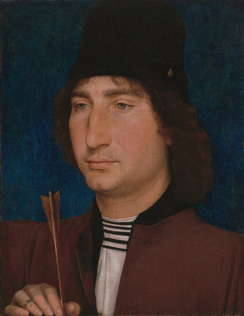 Portrait of a Man with an Arrow by Hans Memling — A man in a tall black cap holds an arrow against deep blue