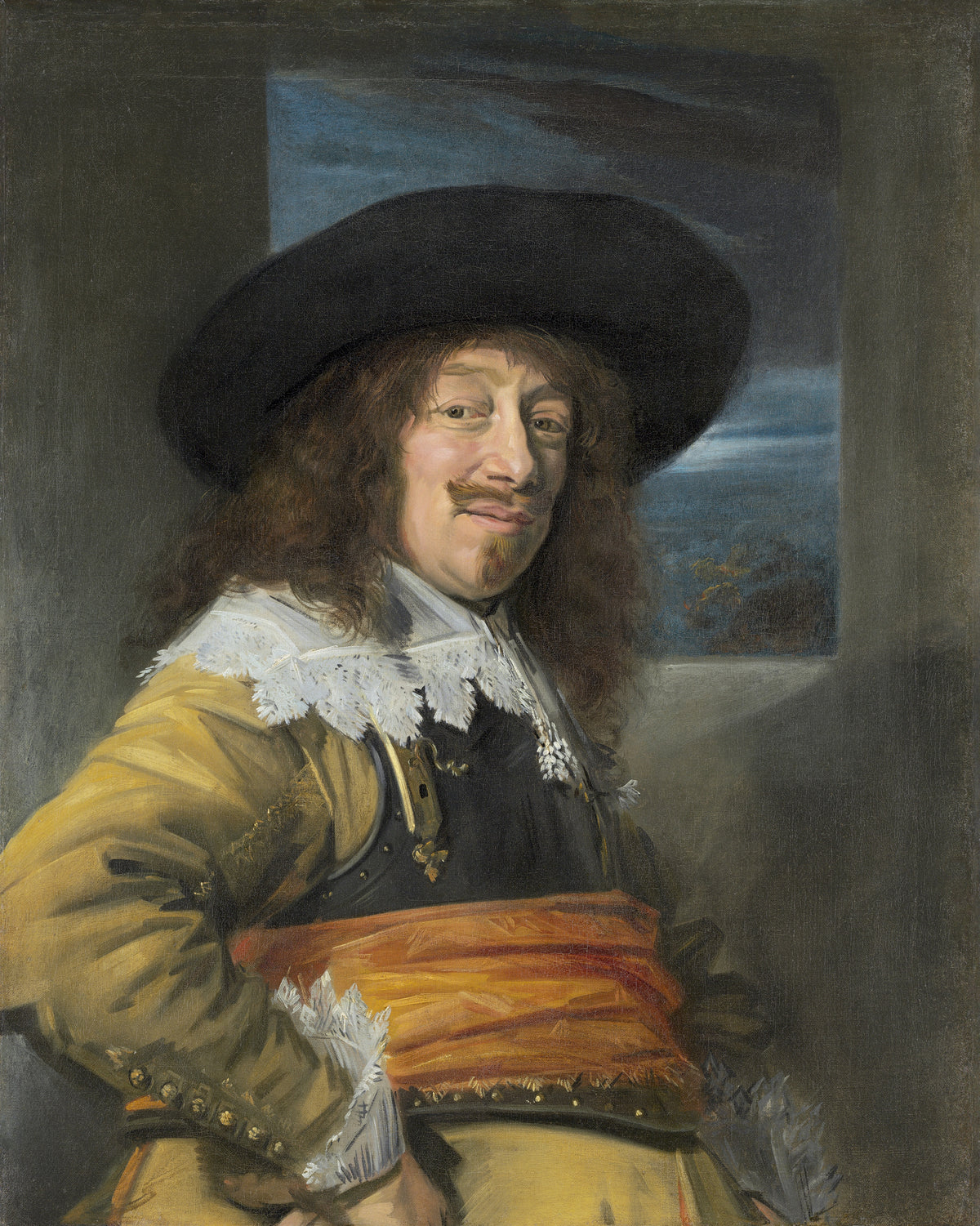 Portrait of a Member of the Haarlem Civic Guard by Frans Hals — A grinning man in a black hat plants a hand on his hip