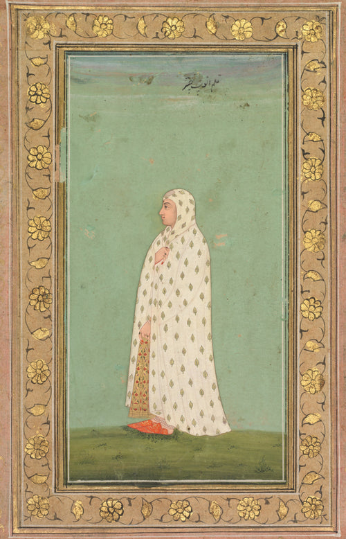 Portrait of a Woman by Bikaner school — A woman in a white leaf-patterned shawl stands in profile