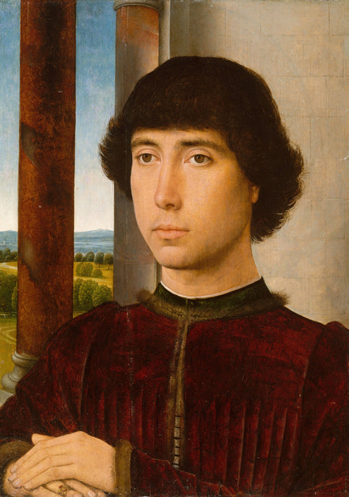Portrait of a Young Man by Hans Memling — A dark-haired young man in crimson velvet before a view of fields