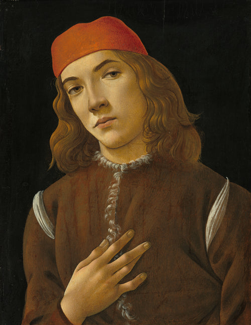 Portrait of a Youth by Sandro Botticelli — A red-capped youth with a hand on his chest against black