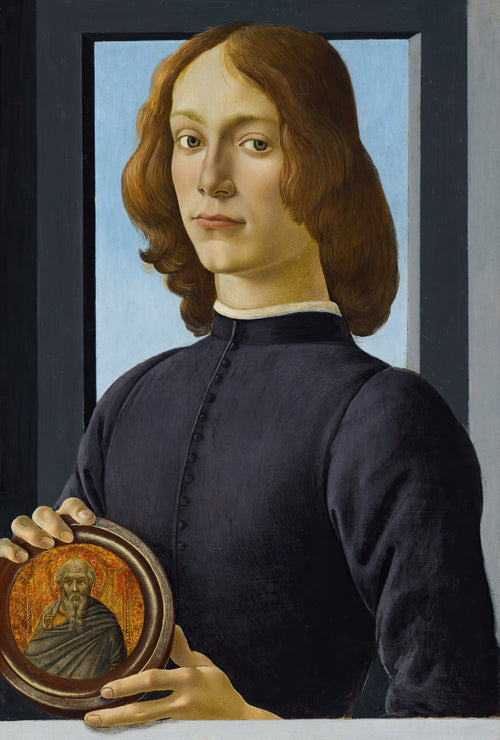 Portrait of a young man holding a roundel by Sandro Botticelli — A young man at a window holds a gold-ground roundel