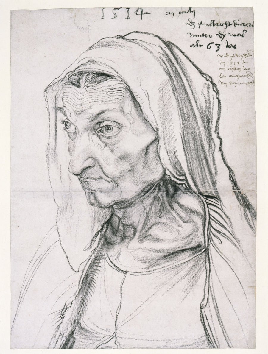 Albrecht Dürer — Portrait of the Artist's Mother at the Age of 63 | Fine Art Print shown to scale on a wall above a sofa
