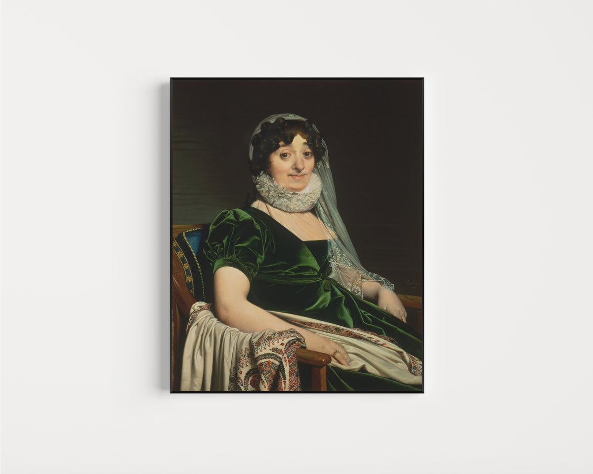 Framed art print of Portrait of the Countess of Tournon by Jean-Auguste-Dominique Ingres, in a slim black frame on a plain white wall