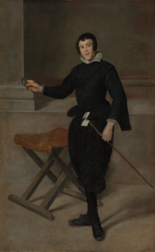 Portrait of the Jester Calabazas by Diego Velázquez — A smiling jester in black stands beside a folding stool