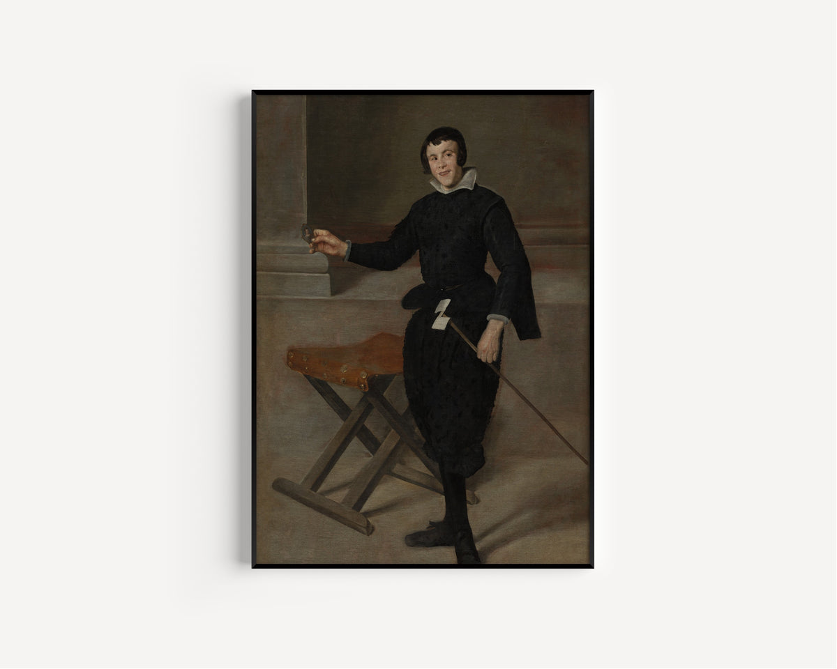 Framed art print of Portrait of the Jester Calabazas by Diego Velázquez, in a slim black frame on a plain white wall