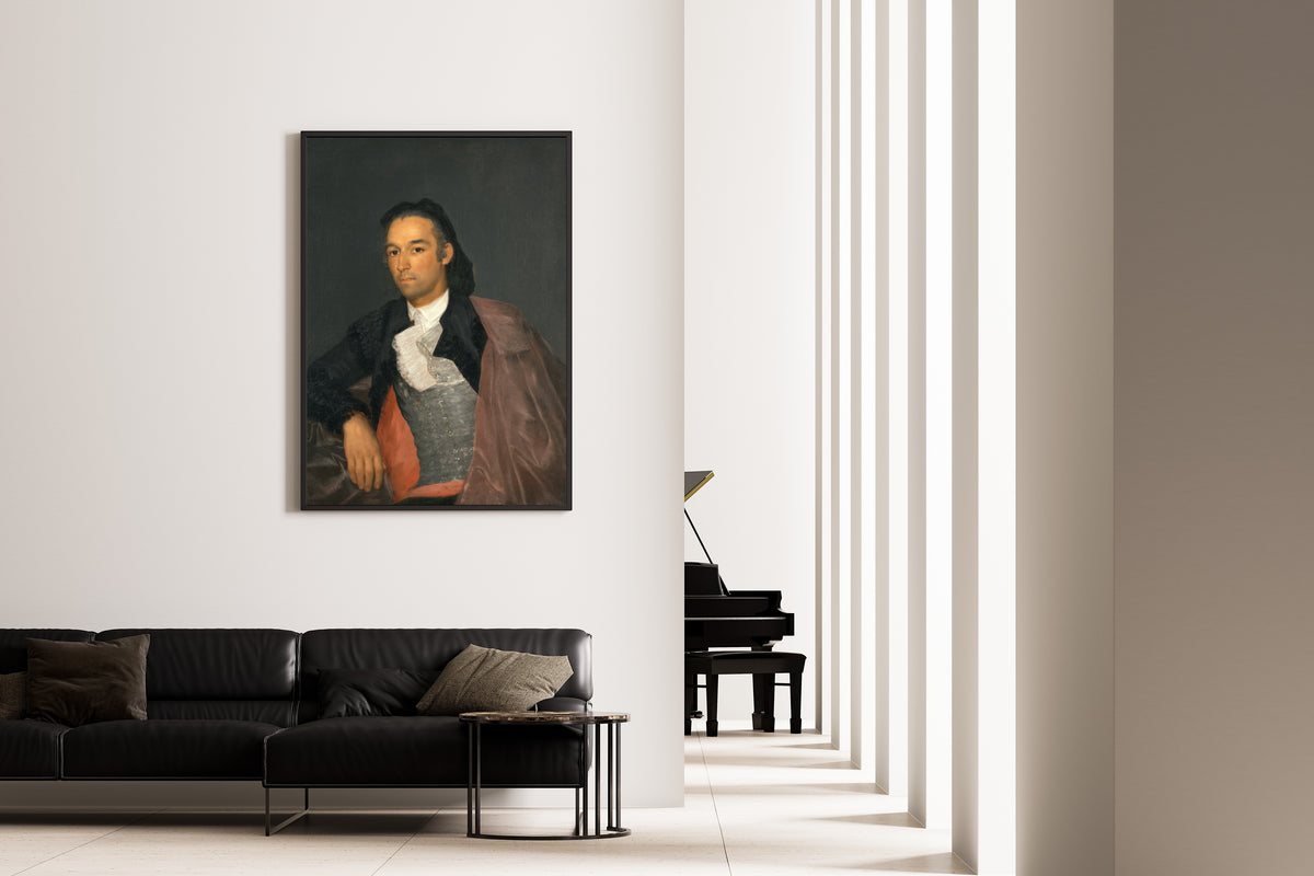 Framed art print of Portrait of the Matador Pedro Romero by Francisco de Goya, on the wall of a minimal living room