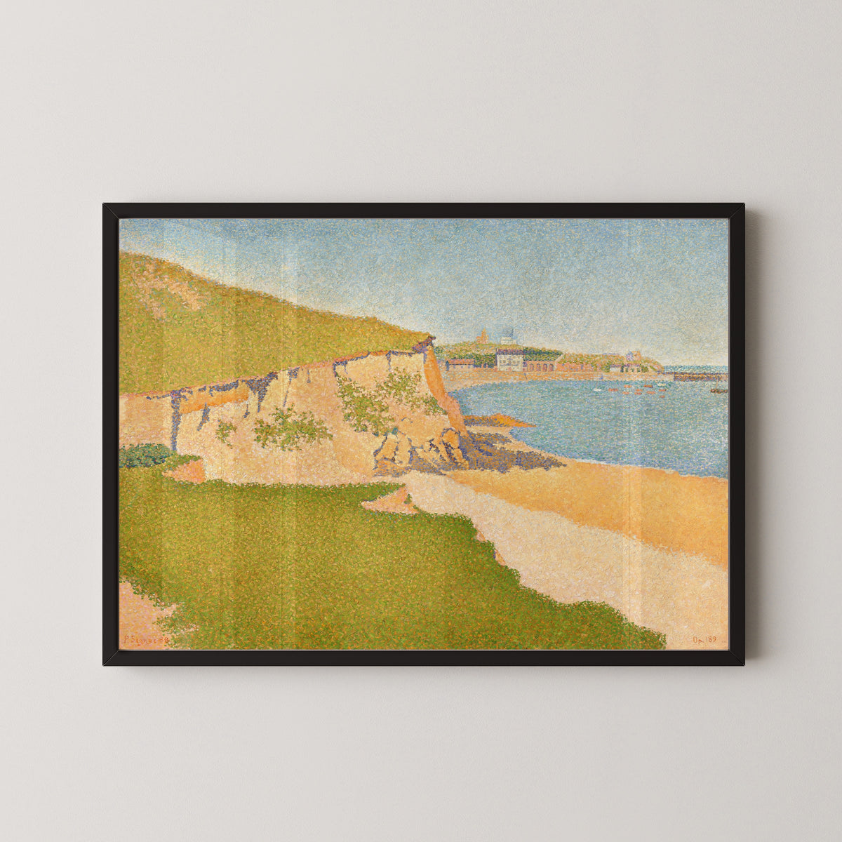 Framed art print of Portrieux, Tertre Denis by Paul Signac, in a black frame on a pale wall