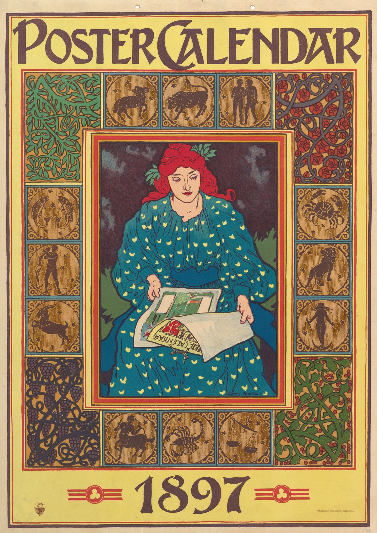 Poster Calendar, 1897 by Louis Rhead — A red-haired woman reads a calendar sheet inside a zodiac border