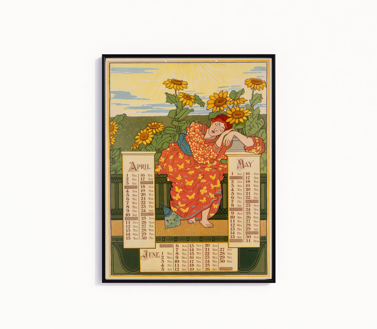 Framed art print of Poster Calendar for 1897: April, May, June by Louis Rhead, in a slim black frame on a plain white wall