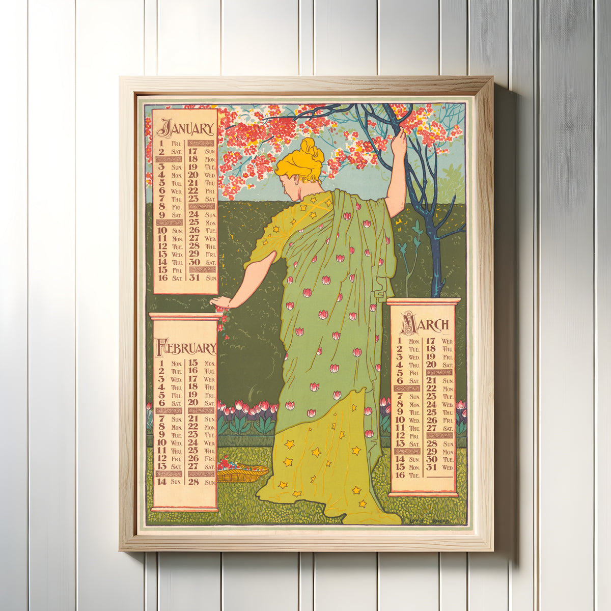 Framed art print of Poster Calendar for 1897: January, February, March by Louis Rhead, in a light wood frame on a white panelled wall