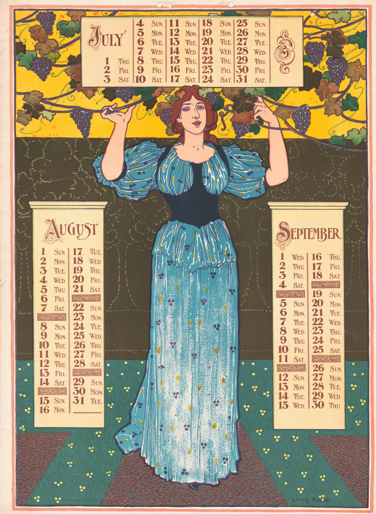 Poster Calendar for 1897: July, August, September by Louis Rhead — A woman in a blue gown reaches into a grapevine above three calendars