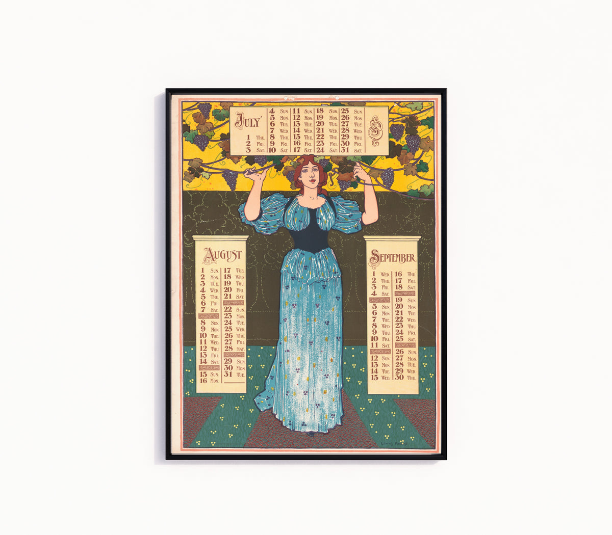 Framed art print of Poster Calendar for 1897: July, August, September by Louis Rhead, in a slim black frame on a plain white wall