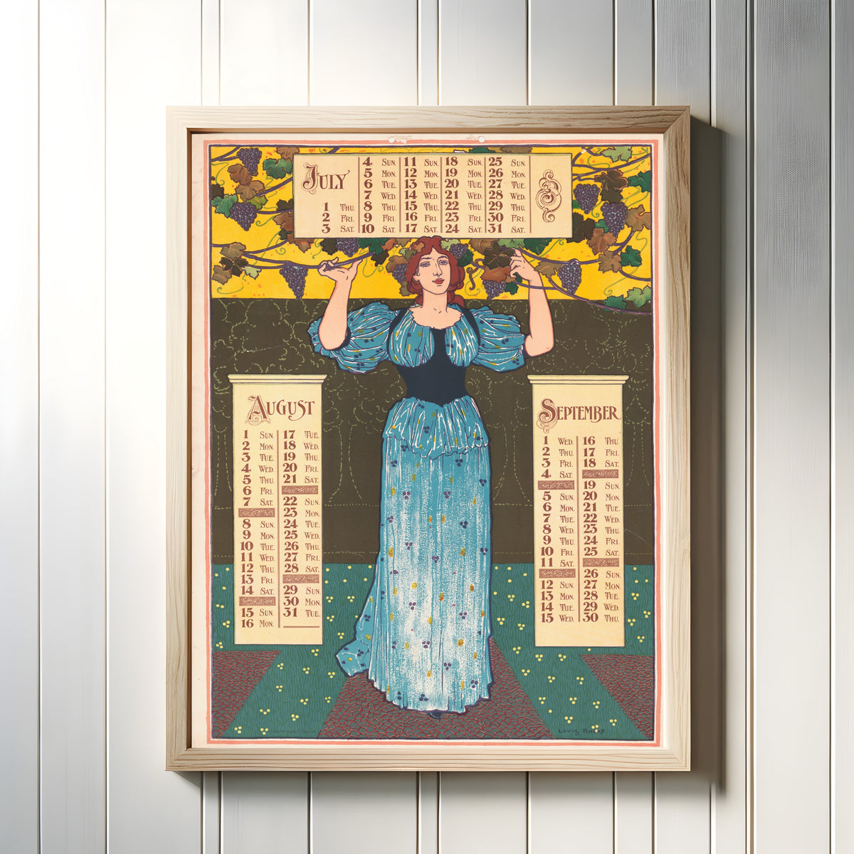 Framed art print of Poster Calendar for 1897: July, August, September by Louis Rhead, in a light wood frame on a white panelled wall