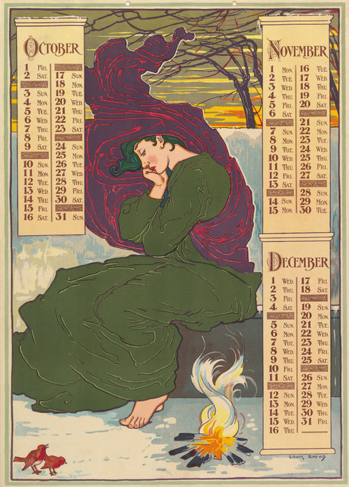 Poster Calendar for 1897: October, November, December by Louis Rhead — A barefoot woman in green broods beside a small fire in the snow