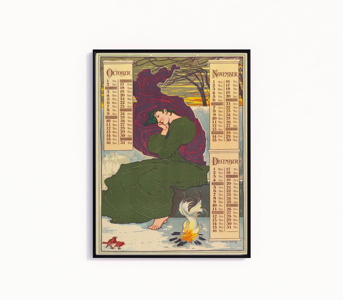 Framed art print of Poster Calendar for 1897: October, November, December by Louis Rhead, in a slim black frame on a plain white wall