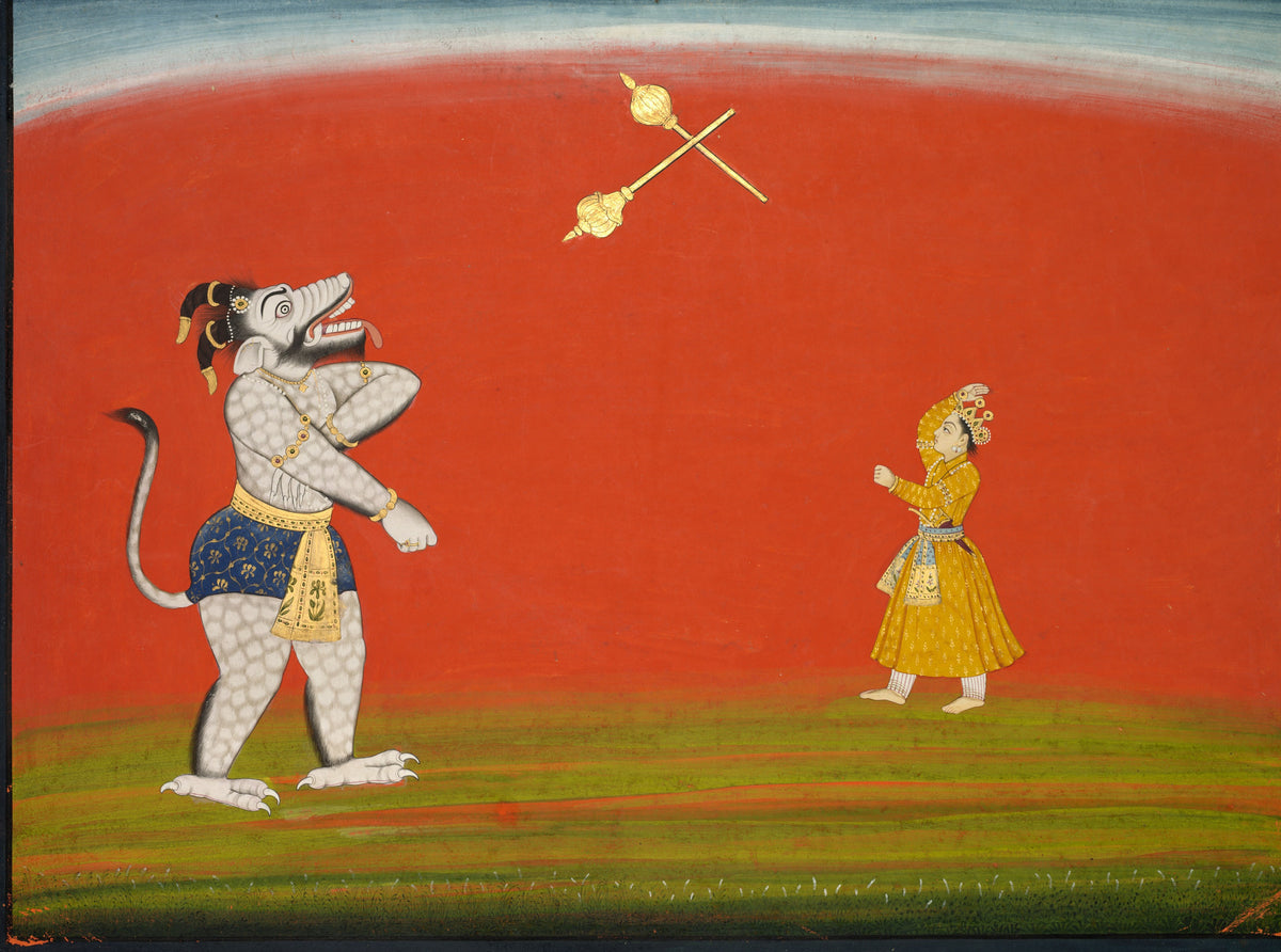 Pradyumna and Samvara Fight with Maces by Pahari school — Two gold maces cross between a horned demon and a young prince