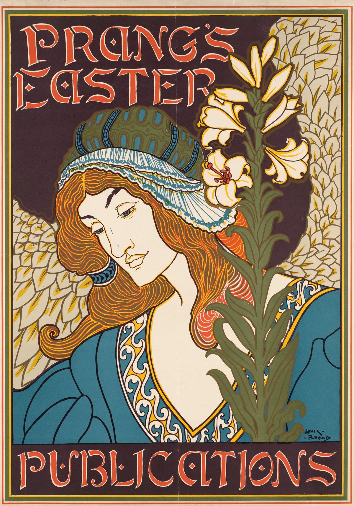 Prang's Easter Publications by Louis Rhead — A winged woman bows her head beside a tall white lily