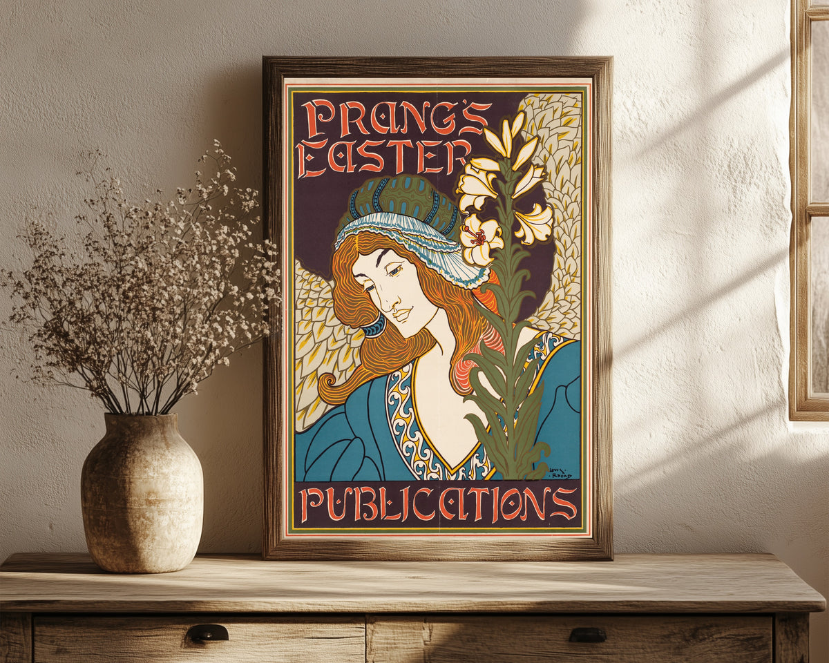 Framed art print of Prang's Easter Publications by Louis Rhead, in a dark wood frame leaning on a rustic console beside dried flowers