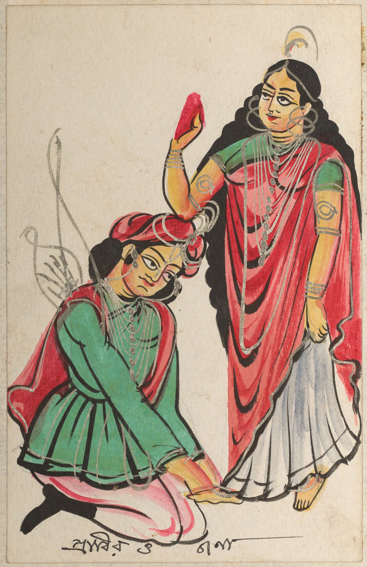 Pravira Kneeling at the Feet of Jana by Kalighat painter — A figure in a red turban kneels at the feet of a standing woman