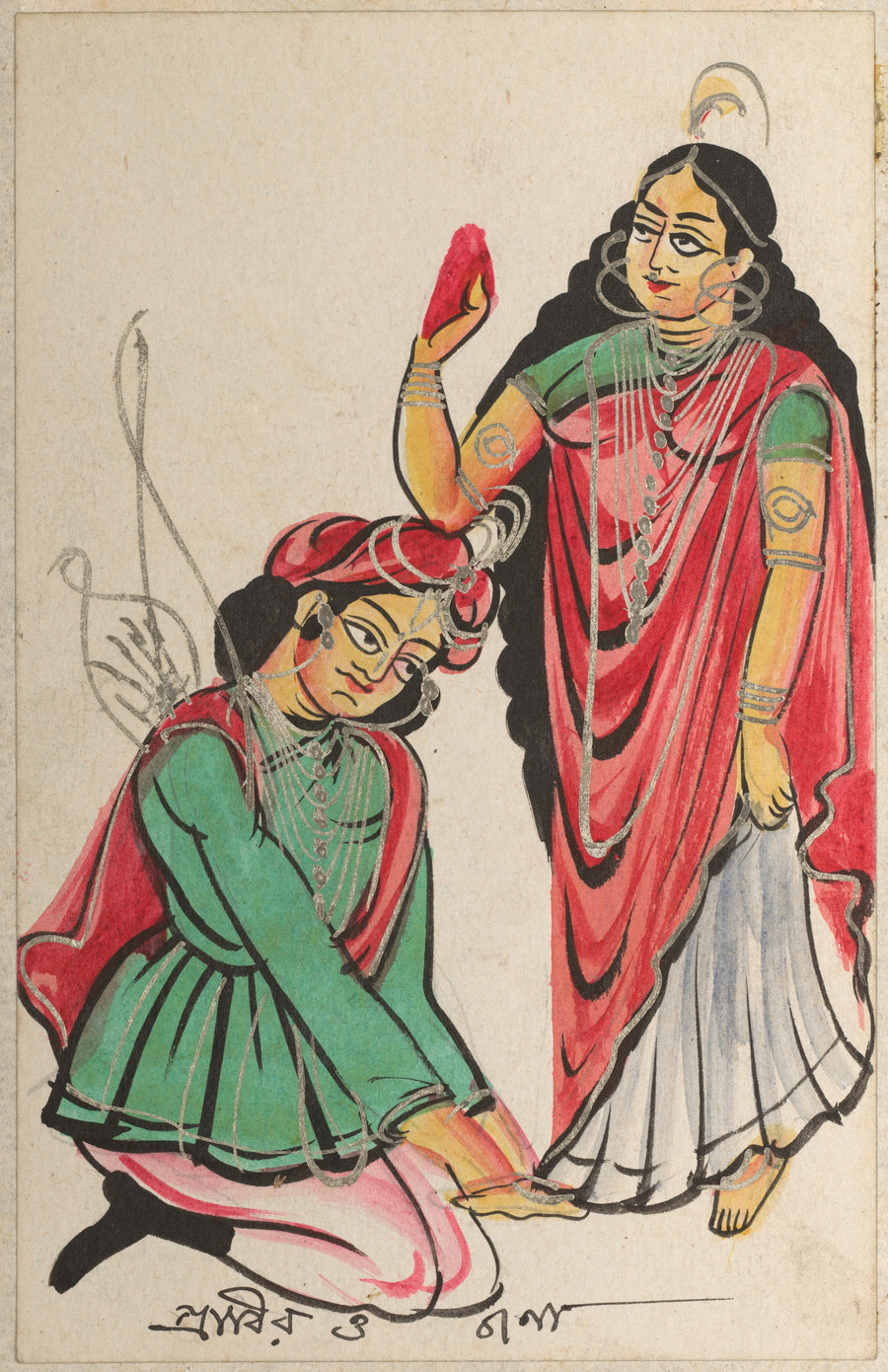 Kalighat painter — Pravira Kneeling at the Feet of Jana | Kalighat Painting Print shown to scale on a wall above a sofa