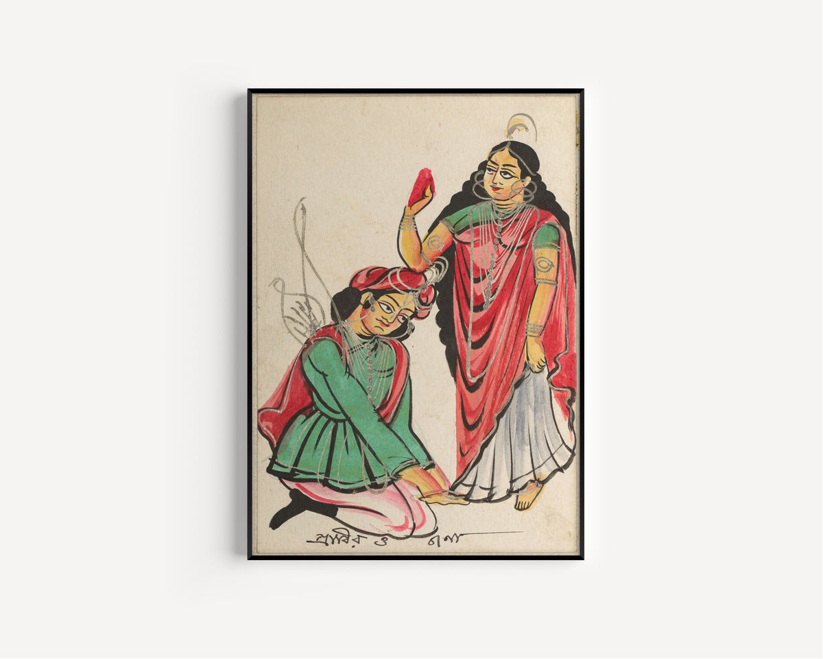 Framed art print of Pravira Kneeling at the Feet of Jana by Kalighat painter, in a slim black frame on a plain white wall