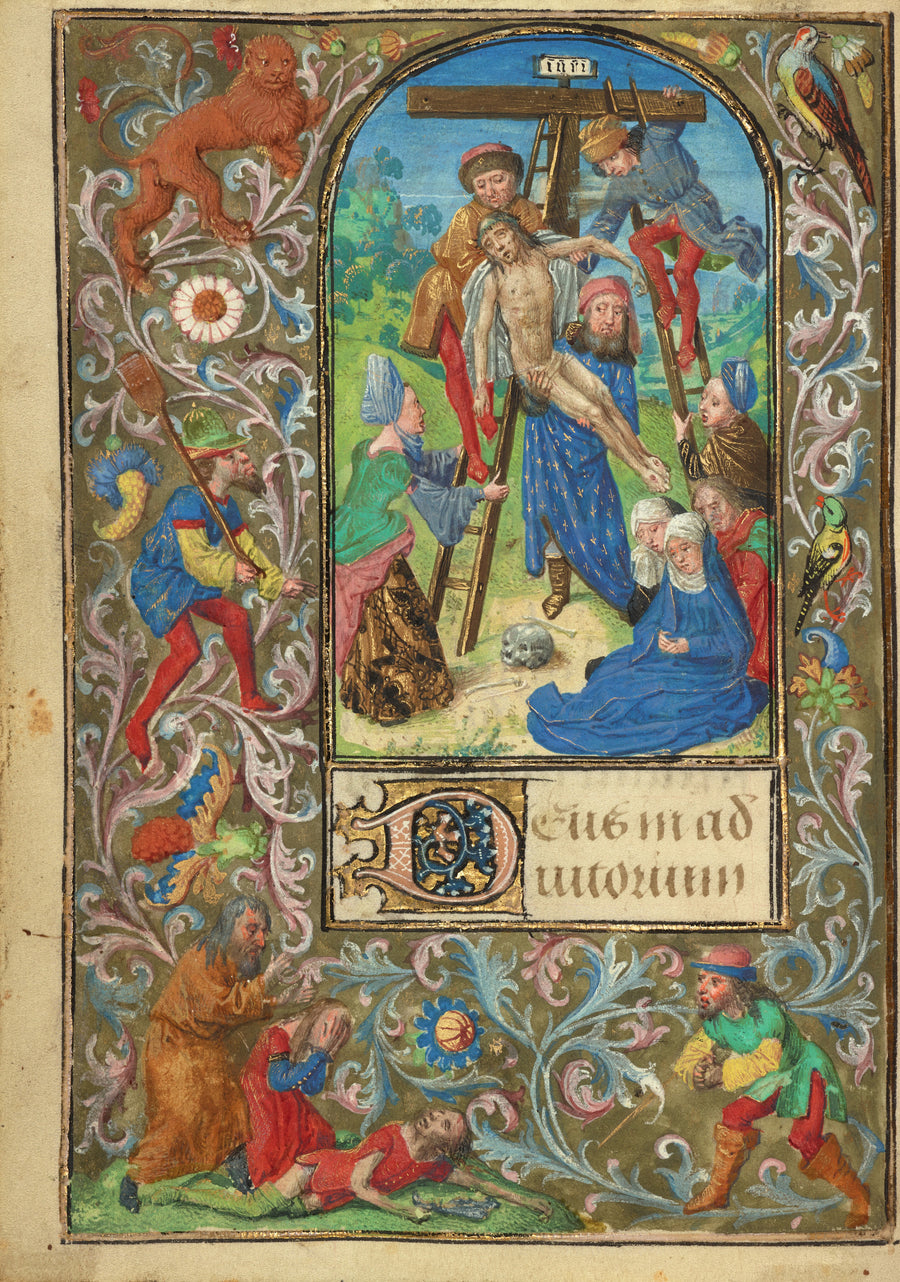 Vienna Master of Mary of Burgundy — Prayer Book of Charles the Bold: The Deposition | Illuminated Manuscript Print shown to scale on a wall above a sofa