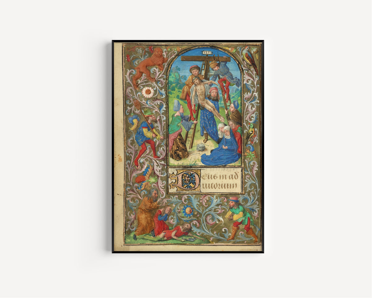 Framed art print of Prayer Book of Charles the Bold: The Deposition by Vienna Master of Mary of Burgundy, in a slim black frame on a plain white wall