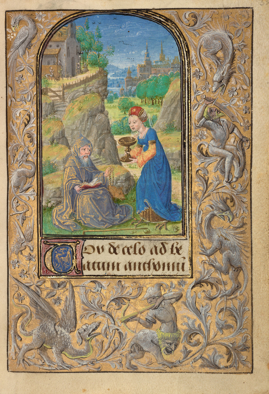 Lieven van Lathem — Prayer Book of Charles the Bold: The Temptation of Saint Anthony | Illuminated Manuscript Print shown to scale on a wall above a sofa