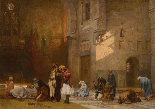 Prayer in the Mosque, Cairo by Frederick Arthur Bridgman — Worshippers kneel and bow in prayer across a sunlit mosque floor