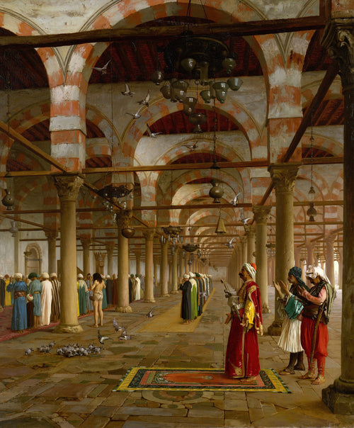 Prayer in the Mosque by Jean-Léon Gérôme — Worshippers pray in rows beneath the striped arches of a vast mosque