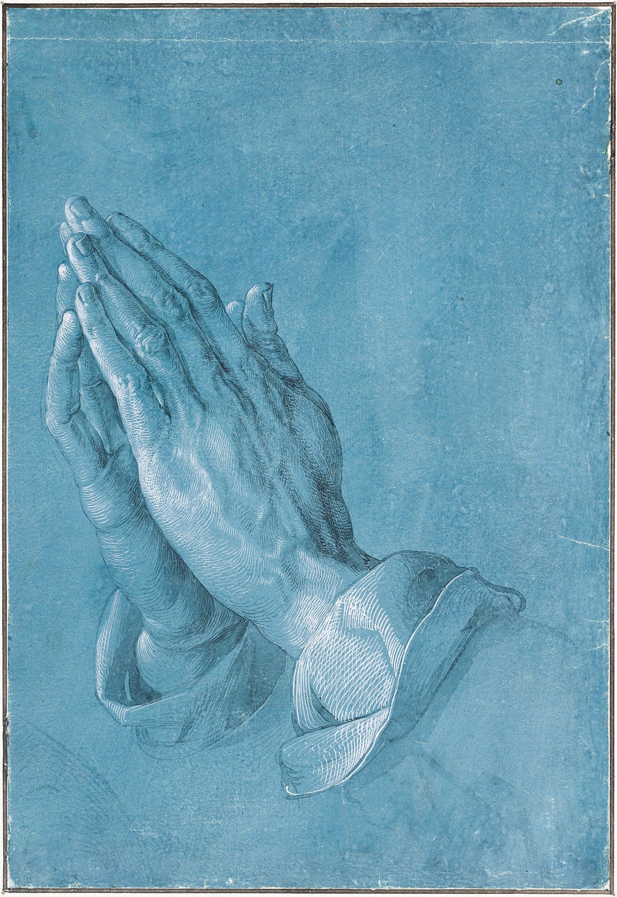 Praying Hands by Albrecht Dürer — Two hands pressed in prayer, drawn in white on blue paper