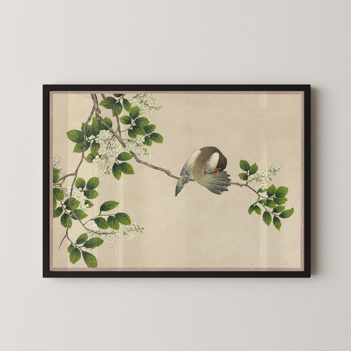 Desk Album: Flower and Bird Paintings (Preening Bird) by Zhang Ruoai — in a black frame on a pale wall
