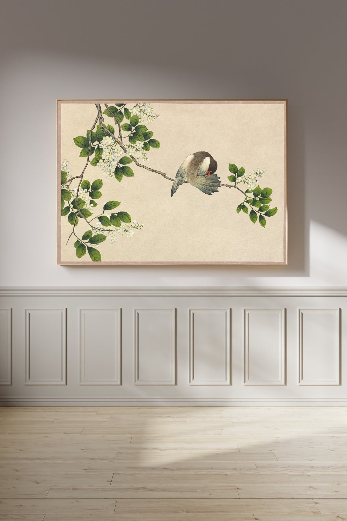 Desk Album: Flower and Bird Paintings (Preening Bird) by Zhang Ruoai — framed on a panelled wall in afternoon light